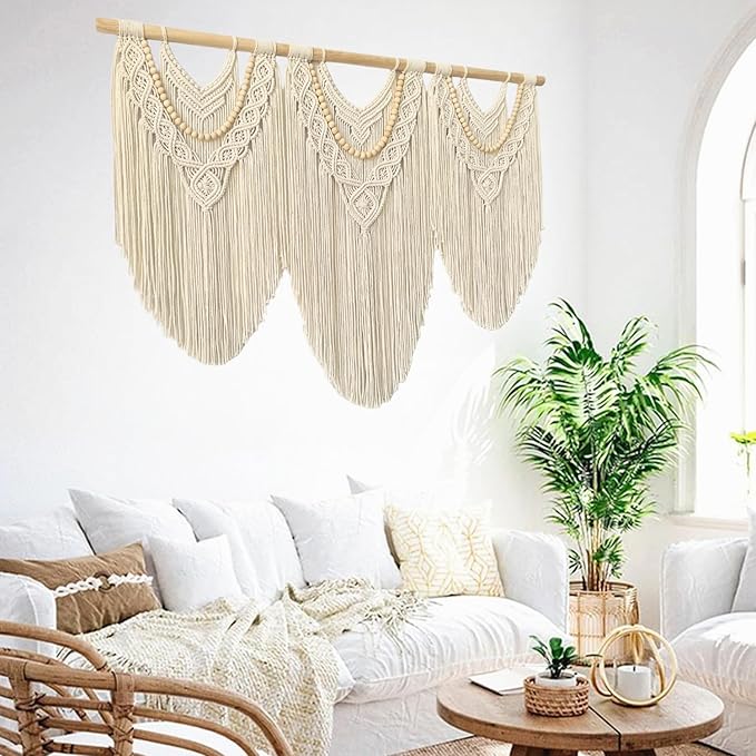large macrame wall hanging - Boho Tapestry Macrame Wall Decor Art- Chic Bohemian Handmade Woven Tapestry Home Decoration for Bedroom Living Room Apartment Wedding Party - 43"x32" (Beige-Wood Bead)