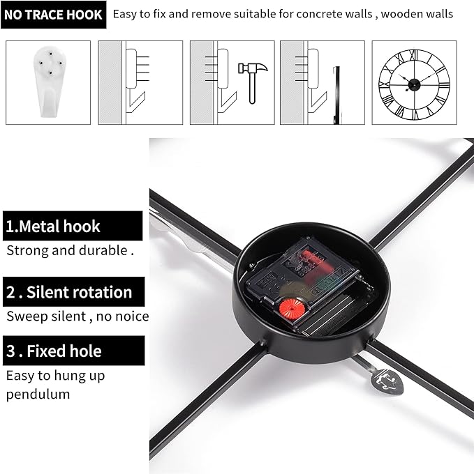 Large Wall Clock, Metal Retro Roman Numeral Clock, Modern Round Silent Wall Clocks, Easy to Read for Living Room/Home/Kitchen/Bedroom/Office/School Decor (Black, 18.5 Inch)