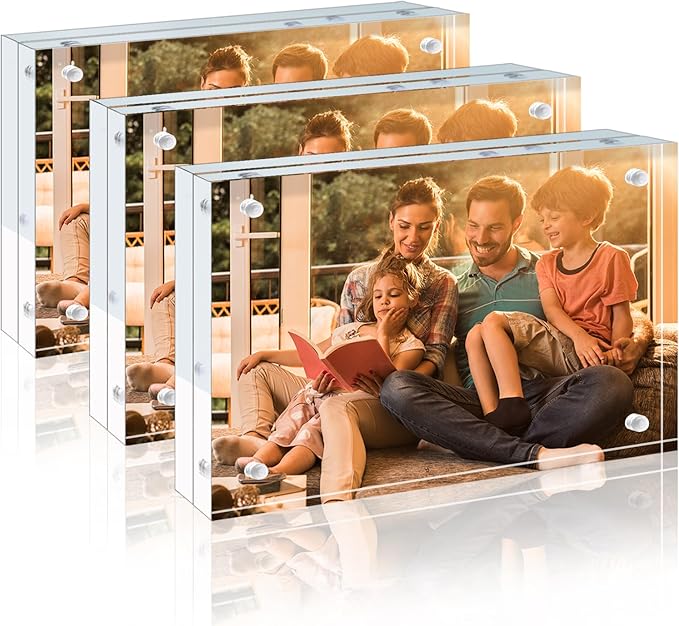 Egofine 3.5x5 Acrylic Frames 3 Pack, 20mm Thicker Frameless Clear Picture Frames, Double Sided Magnetic Picture Frames, Free Standing Desktop Display