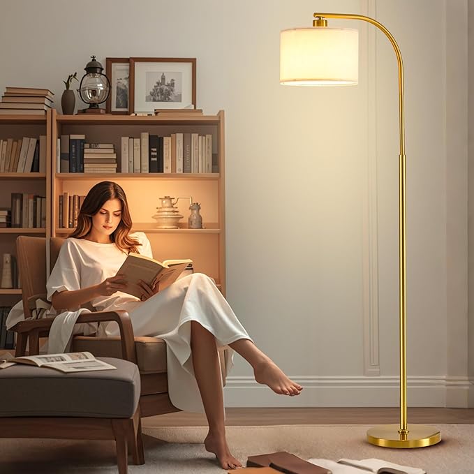 Tall Floor Lamp for Living Room,65'' Modern Standing Lamps with 9W LED Bulb,Dimmable Floor Light with Fabric Shade,Gold Tall Lamp for Bedroom Office Study Room Corner Dining Room