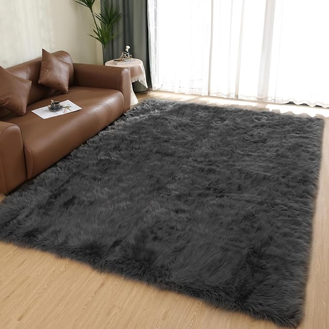 Latepis Living Room Rugs 6x9 Faux Sheepskin Fur Dark Grey Rug for Bedroom Fuzzy Fluffy Rug for Sofa Floor Entertainment Room Luxury Home Decor