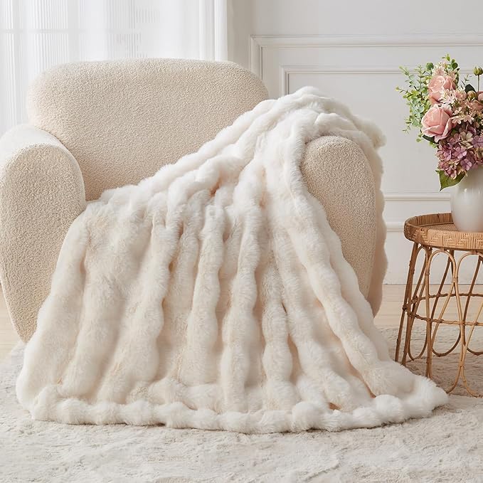Lotus Karen Faux Fur Blanket - Cream White Twin Size, Big Bubble Rabbit Fluff, 60x80 Inches