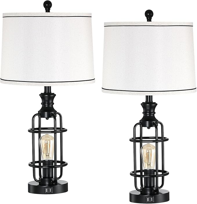 26.3”Table Lamps Set of 2 with USB Charging Ports,Farmhouse Bedside Nightstand Lamp with Rotary Switch,Rustic Reading Lamps Industrial Desk Lamps for Bedroom Living Room,Bulbs Included