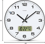 Wall Clock, 10" Dial Non-Ticking Silent Battery Operated Analog with LCD Display for Perpetual Calendar and F° Temperature, Ideal Modern Home, Bedroom, Kitchen, Office Decor (Black)