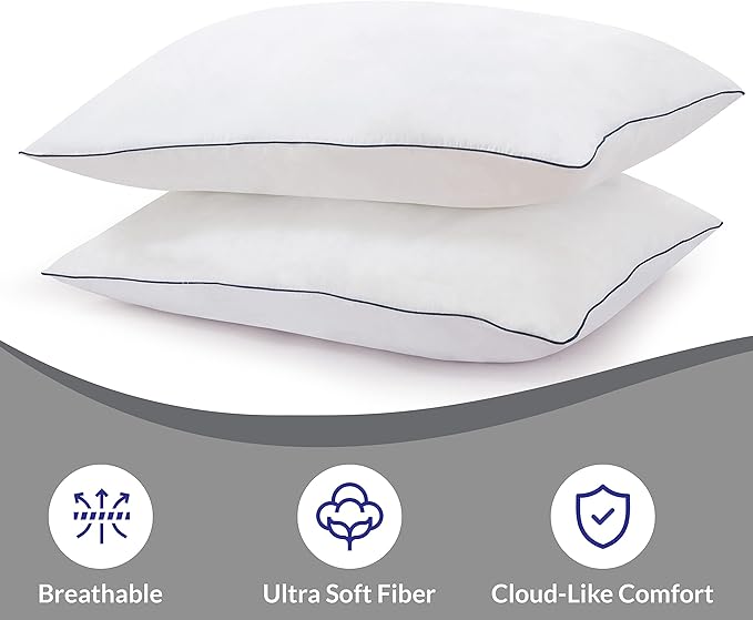 ROYALE LINENS Pillows Standard Size Set of 2 - Bed Pillows for Sleeping - Piping Pillow for Back, Stomach & Side Sleepers - Down Alternative Standard Pillow - Hotel Quality (20x26 Inches,Pack of 2)