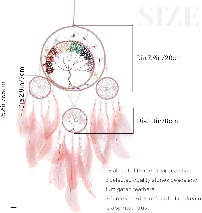 7 Chakras Dream Catchers Tree of Life Large Dream Catcher Pink Feather Wall Decor with Rainbow Healing Crystal Stone Wall Art Hanging Ornaments for Bedroom Home Decor Blessing Gift Wedding -4 Rings
