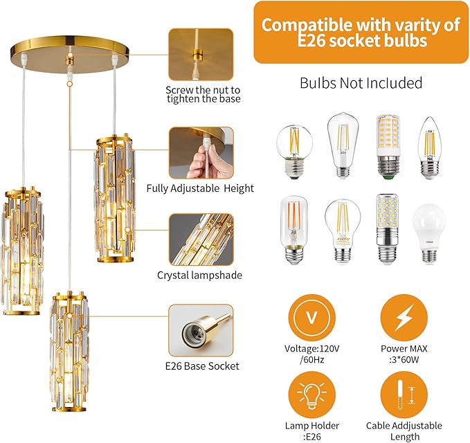 LMQNINE Pendant Lighting Modern Pendant Light, Mini Crystal Chandeliers,Adjustable Pendant Light Fixture for Kitchen Island Dinning Room Bedroom (Gold, 3-Light)