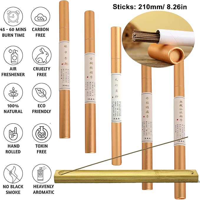 Chinese Incense Sticks Gift Set - Pack of 5 (100 Sticks) with Incense Holder, Sandalwood Incense, Osmanthus Incense, Plum Blossoms Incense, Cypress Incense, Goose Pear Insence-Sticks