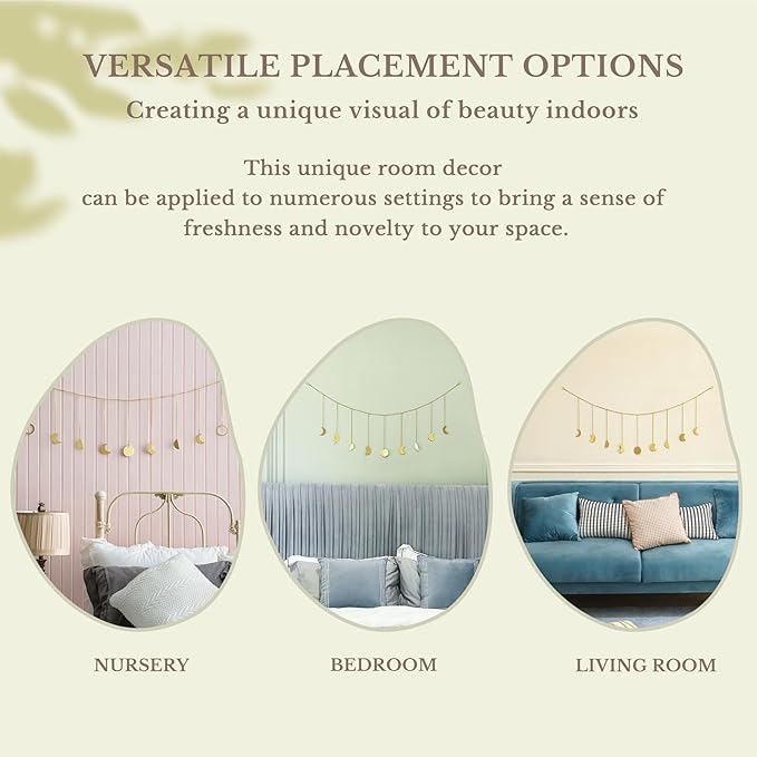 Mkono Moon Phase Wall Hanging Boho Aesthetic Room Decor Metal Moons Garland Hanging Art Bohemian Home Decoration for Girls Room Nursery Bedroom Livingroom Dorm, Ideal, Gold, 50"