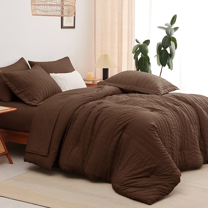 CozyLux Queen Comforter Set Brown Seersucker 7 Pieces Bed in a Bag Queen Comforter Set with Sheets, Luxury Soft Bedding Set with Down Alternative Comforter, Sheets, Pillowcases & Shams for All Seasons