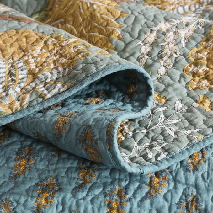 ENASAL Cotton Bedspread Quilt Sets Reversible Bedding Coverlet Sets Comforter, Vintage Floral Farmhouse Pastoral Turquoise Bedspread, King Size