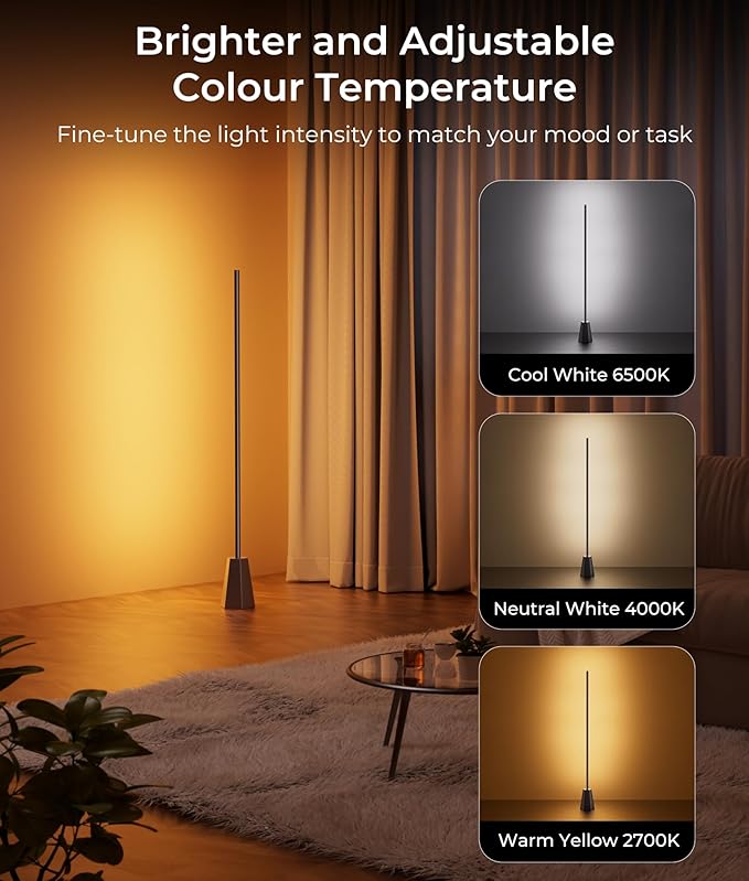 Corner Floor Lamp with RGB, Smart LED Light for Bedroom, 16 Million Colors, Music Sync, APP & Voice Control, 2700-6500K, Alexa & Google Compatible, Modern Lamp for Living Room, Gaming