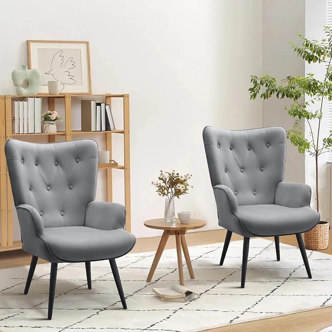 Furnimart Accent Chairs Set of 2, Grey Velvet Chair Reading Chair Armchair with High Backrest, Wingback Corner Chair Mid Century Modern Chair for Living Room, Bedroom, Waiting Room