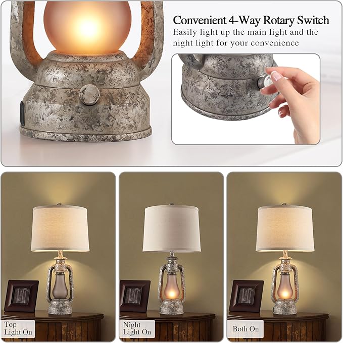 RORIANO Farmhouse Rustic Table Lamps for Living Room Set of 2,Vintage Lantern Table Lamp with Dual USB Ports, 25" Tall Retro Bedside Lamp for Bedroom Nightstand, 4 Bulb Included (Iron Gray)
