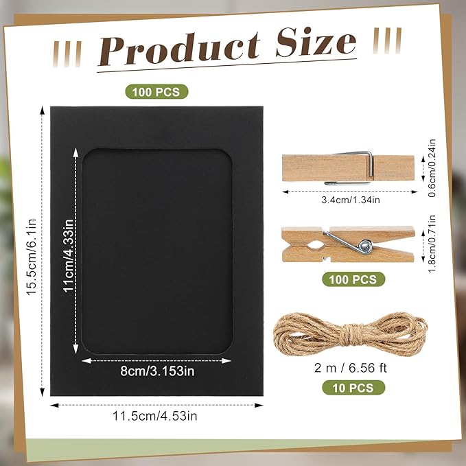 Janlaugh 100 Pcs Paper Photo Frames 4x6 Black Picture Frame with 100 Clip 10 String Kit DIY Hanging Cardboard Photo Holder Back to School Wall Decor Wedding Home