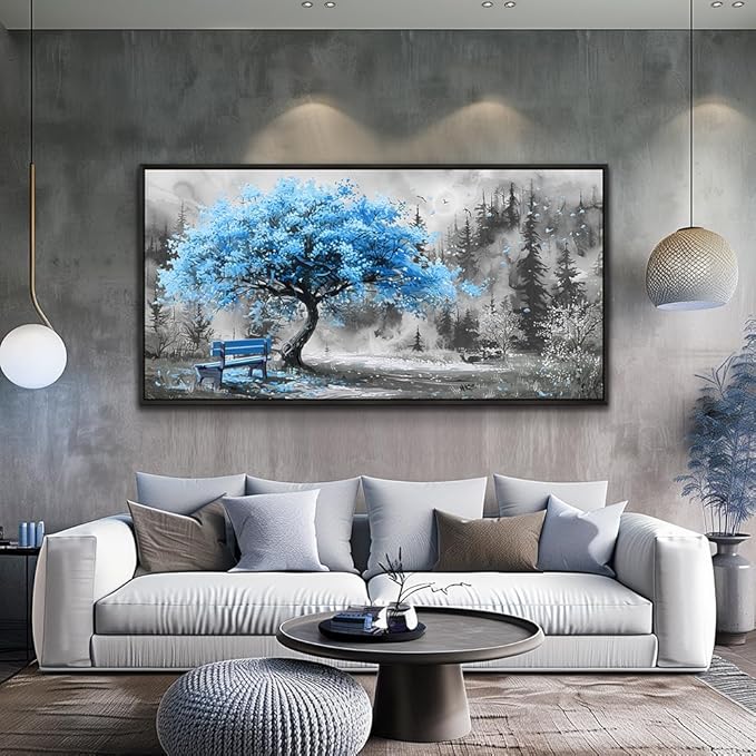 ZUITINGHUA Black Framed Canvas Wall Art For Living Room Large Wall Decor For Office Bedroom Decorations Blue Tree Landscape Pictures Black And White Paintings Artwork Aesthetic Home Decor 30x60 In