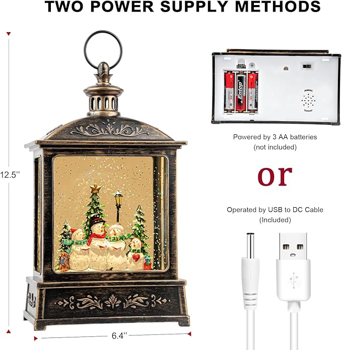 12.5'' Christmas Snow Globe Lantern Lighted Snowman Choir Musical Snowmen Carolers Water Lantern in Swirling Glittering Home Decoration and Gift, Battery Operated or USB Powered