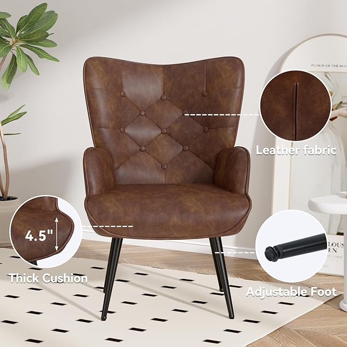 Nalupatio Mid Century Modern Accent Chair, PU Leather Upholstered Tufted Button Chairs, Living Room Reading Wingback Armchair, Side Chair for Living Room Bedroom, Brown