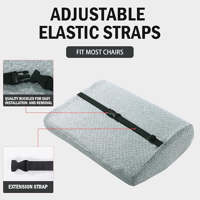 MABOZOO Memory Foam Back Support Cushion for Recliner Chair,Lumbar Support Pillow for Elderly,Extra Large Lumbar Support Pillow with Extension Straps,Light Grey