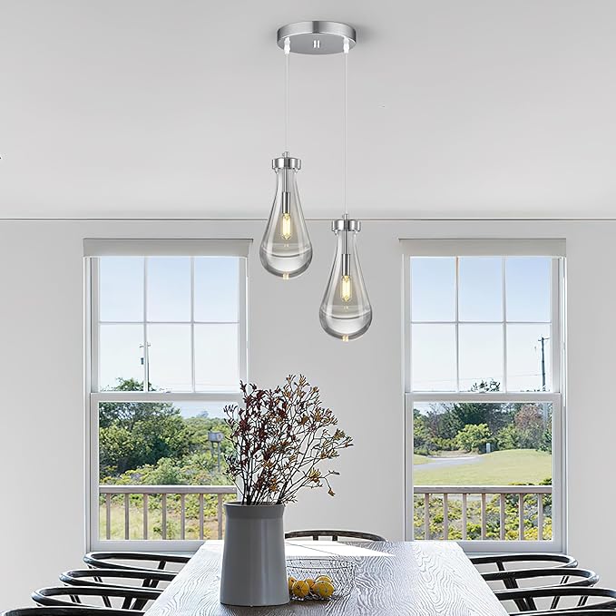 Raindrop Pendant Lights Kitchen Island Teardrop Chrome Hanging Light Fixtures Clear Solid Glass Pendant Light Modern Chandeliers for Dining Room Porch Corridor Living Room(2-Light)
