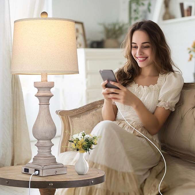 27.5" Tall Farmhouse Lamp,Wash-Grey Vintage Bedside Lamp with USB Charging Ports A/C,3-Way Dimmable Touch Control Retro Lamps for Bedroom Living Room,Single Grey