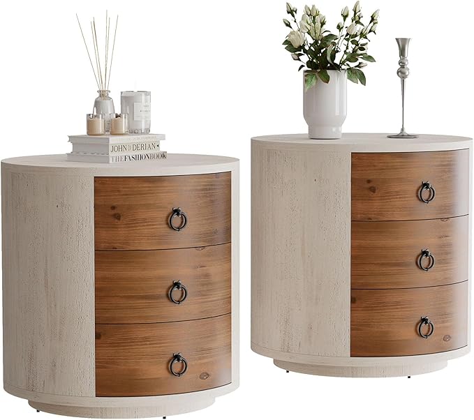 HOMPUS Round 3 Drawer Nightstand Set 2, Farmhouse Chest of Drawers, No Assemble Required, Modern Nightstand Set of 2, Wood Bedside End Tables w Drawers for Bedroom, Brown + White