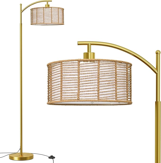 Oneach 62.5'' Arc Floor Lamp for Living Room, Rattan Boho Floor Lamp with Gold Metal Base, Double Shades, Farmhouse Rustic Modern Standing Lamp for Bedroom Office Corner