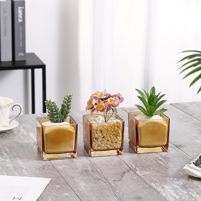 Square Flower Vases Set of 9, 3"x 3"x 3" Glass Vases for Centerpieces, Amber Vase for Flowers, Small Vase for Wedding, Party, Home Office Decoration
