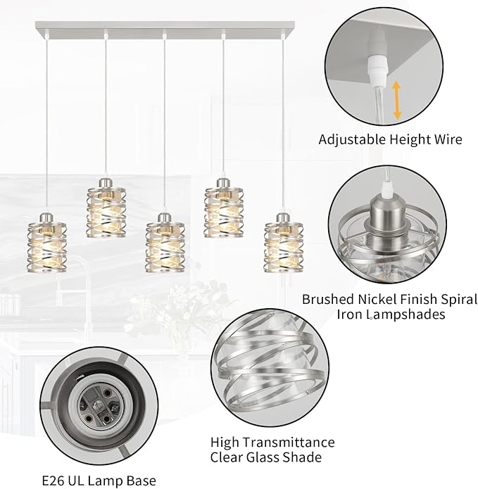Brushed Nickel Pendant Lights for Kitchen Island, 5-Light Chandelier for Dining Room, Hanging Linear Chandeliers, Modern Dining Room Light Fixtures Pendant Light with Clear Glass Shades