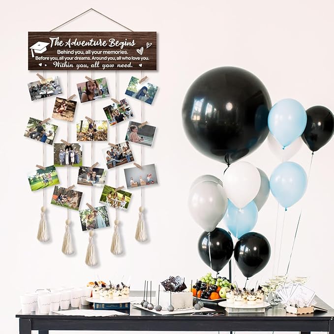 The Adventure Begins Graduation Picture Frame,Graduation Frame with Tassel Holder and 16 Clips,School Photo Framed,Highschool Graduations Gifts for He Her