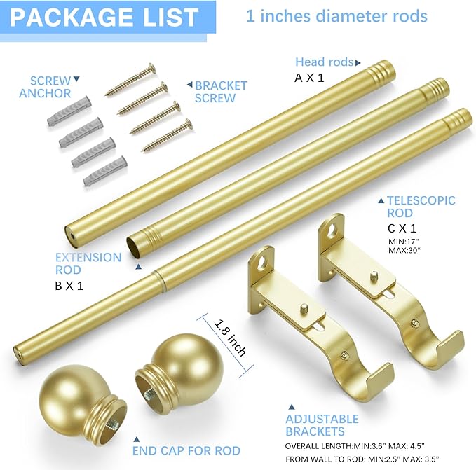 Curtain Rods for Windows 16 to 48 Inches, Curtain Rod Max Adjustable Length of 60 IN, 1" Diameter Drapery Rods Round Finials, Warm Gold, Pack of 1
