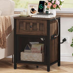FATORRI End Table with Charging Station, Farmhouse Side Table with Drawer, Rustic Wood and Metal Nightstand and Bedside Tables for Living Room (Rustic Brown)