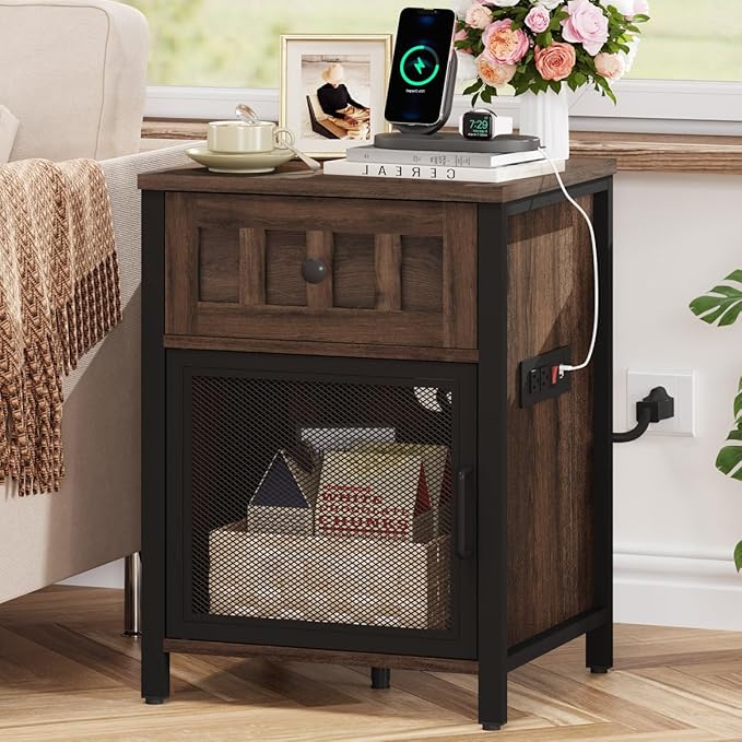FATORRI End Table with Charging Station, Farmhouse Side Table with Drawer, Rustic Wood and Metal Nightstand and Bedside Tables for Living Room (Rustic Brown)