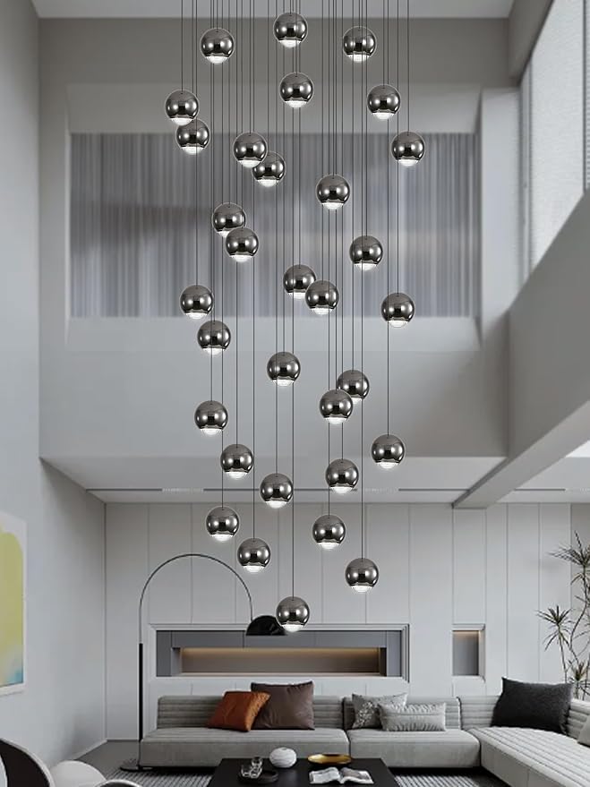 Farmhouse Crystal Chandelier, Luxury Hanging Lights High Ceiling Pendant Lighting for Foyer Staircase 32 Lights Black Dimmable 2700k-6000k