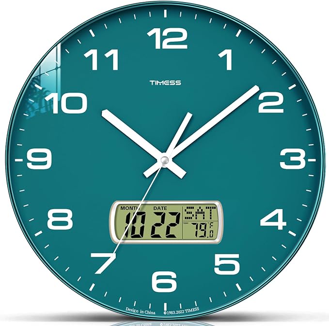 Wall Clock, 10" Dial Non-Ticking Silent Battery Operated Analog with LCD Display for Perpetual Calendar and F° Temperature, Ideal Modern Home, Office Decor (Green)