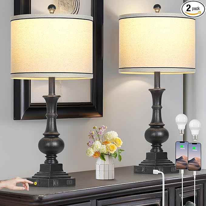 Farmhouse Lamps Set of 2, Vintage Rustic Black Table Lamps with USB A+C Fast Ports & AC Outlets, Traditional Nightstand Bedside Lamp for Living Room Bedrooms Home Office(2 LED Bulbs Included)