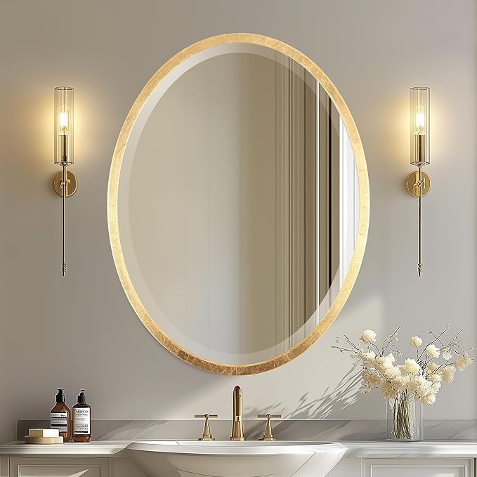 OVALCREST - Oval Wooden Beveled Wall Mirror for Home Decor, Bathroom, Vanity, Bedroom, Living Room, Hallway - London Style (Gold Leaf) 31.1 x 41.1