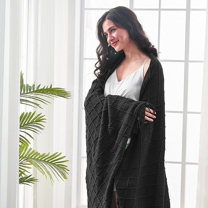 inhand Knitted Throw Blankets for Couch and Bed, Soft Cozy Knit Blanket with Tassel, Black Lightweight Decorative Blankets and Throws, Farmhouse Warm Woven Blanket for Men and Women, 50"x60"