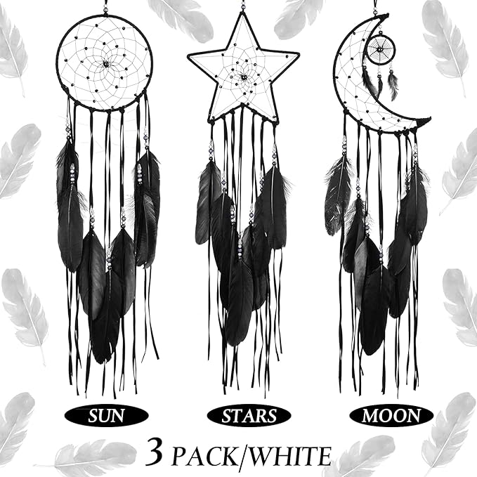 Jetec 3 Pcs Dream Catcher Moon Sun Star Design Handmade Traditional Craft Ornament Wall Hanging Home Decoration Bedroom Wedding Halloween Christmas Decorations(Black)