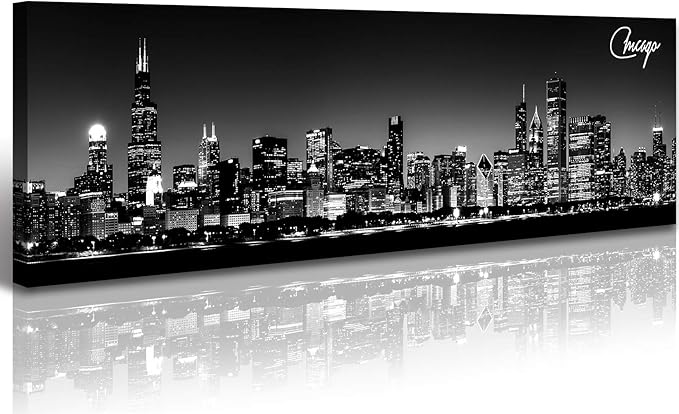 Office Wall Decor Black and White Wall Art Chicago Skyline Pictures for Living Room Modern Large Canvas Print Artwork Stretched and Framed 13.8"X47.3"