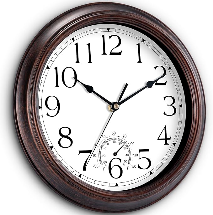 12 Inch Outdoor Wall Clock with Thermometers, Vintage Silent Wall Clocks Battery Operated, Retro Non-Ticking Clock Decorative for Living Room, Patio, Kitchen, Office, Bathroom, Bedroom(Bronze)