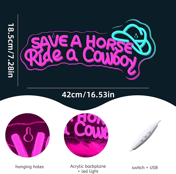 WLHOPE Save A Horse Ride A Cowboy Neon Sign Adjustable Brightness Led Sign,Neon Signs for Wall Decor,Connectivity Via USB Licked Neon Light for Bedroom Home Bar Club Hotel Party Decor