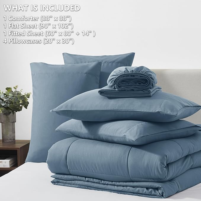 CozyLux Queen Comforter Set Mineral Blue, 7 Pieces Bed in a Bag, Blue Comforter Queen Size, All Season Bedding Sets with Stitch Quilted Comforter, Flat Sheet, Fitted Sheet, Pillowcases