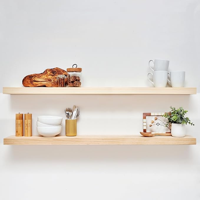 Homeforia 48 inch Natural Floating Shelf, High End Solid Real Wood 48inch Small Floating Shelves for Wall Mounted, Natural Wooden Floating Shelves, Heavy Duty Bracket, 48 X 6.5 X 1.75 in, Set of 2