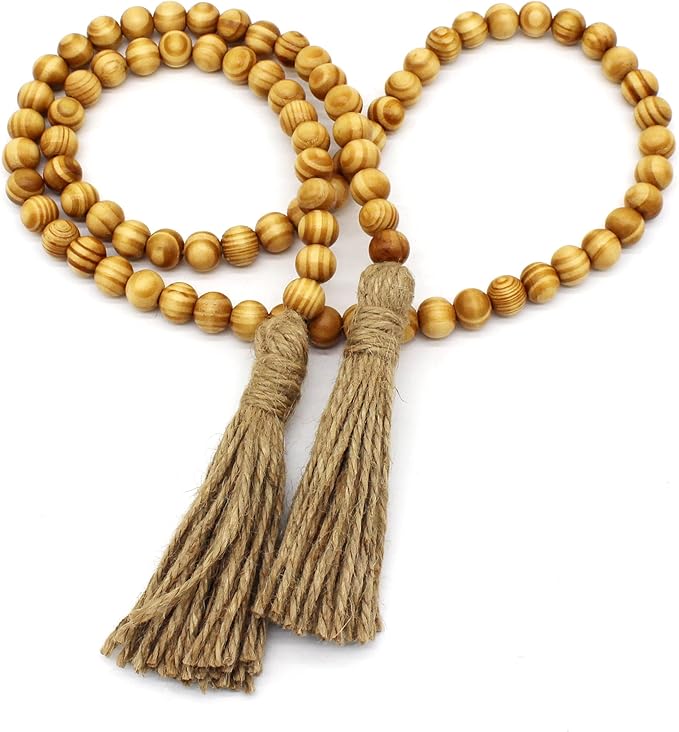 CVHOMEDECO. Wood Grain Beads Garland with Tassels Farmhouse Rustic Wooden Prayer Bead String Wall Hanging Accent for Home Festival Decor. Light Tan