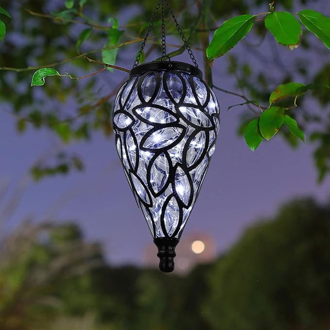 SUNNYPARK Outdoor Plastic Solar Hanging Lantern, 15 Cool White LEDs Twinkle Effect Tear-Shaped Hanging Lantern Decor Garden Decorative Solar Lights for Backyard, Patio and Lawn