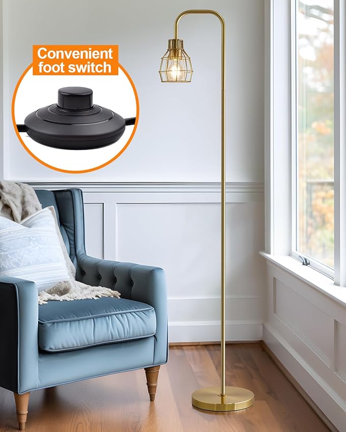 Oneach 63.75" Gold Floor Lamp for Living Room, Industrial Floor Lamp with 4W LED Bulb, Standing Lamp with Footswitch, Modern Floor Lamp for Bedroom Pole Lamp for Office Study Room Hotel