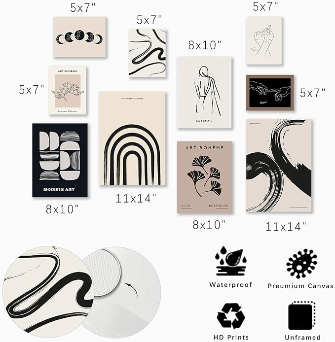 KBKBART Minimalist Boho Wall Art Prints, 10 PCs Abstract Neutral Black Beige Women Body Line Flower Canvas Art, Eclectic Home Decor for Room