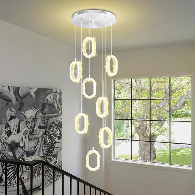 Silver 8 Rings Crystal Chandelier for Foyer Stairwell High Ceiling Chandelier Dimmable Oval Crystal Ring Pendant Light