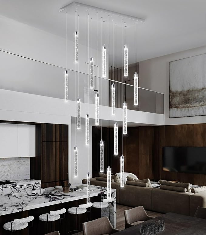 Rectangular Chandeliers 17-Lights Long Light for Entryway LED Dimmable Chandeliers Lighting Fixture Flat Sloped High Ceiling Pendant Lights Crystal for Living Room Foyer Hallway Staircase Silver
